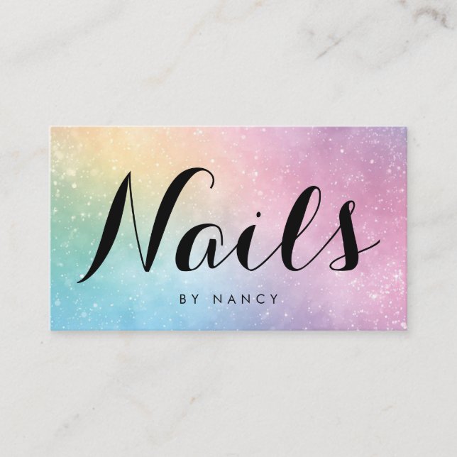 Nail Tech Holografisk Pastell Skript Typografi Visitkort (Framsida)