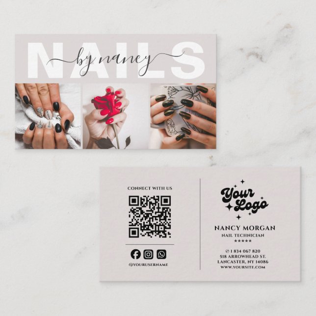 Nail Tech neutral beige 3 Foto Grid QR-kod  Visitkort (Fram/baksida)