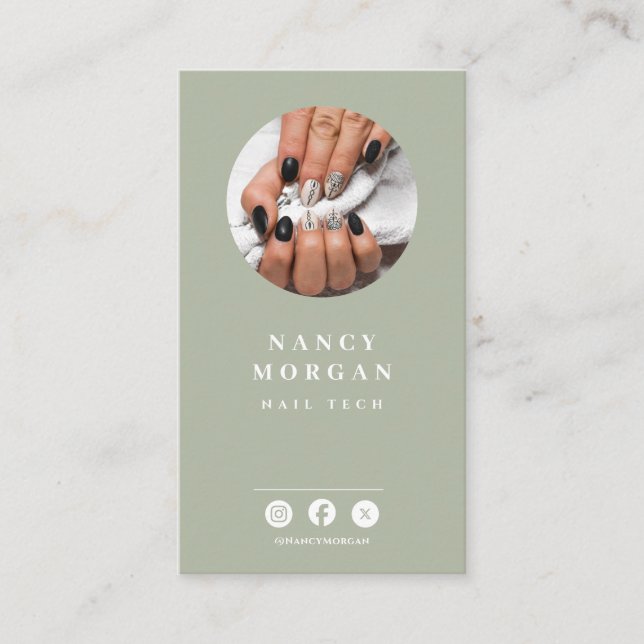 Nail Tech Qr Code Photo Sage Green  Visitkort (Framsida)