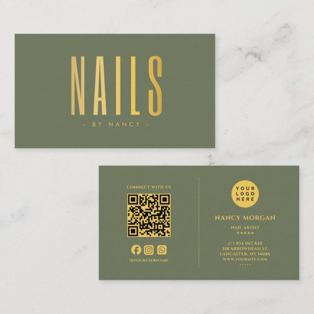 Nail Tech QR-kod Logotyp Sagegrön Och Guld  Visitkort (Fram/baksida)