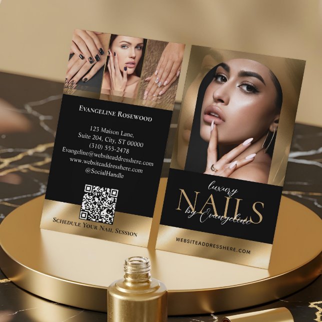 Nail Technician Artist Salon Arch Photo Black Gold Visitkort (Nail Technician Artist Salon Arch Photo Black Gold Business Card)