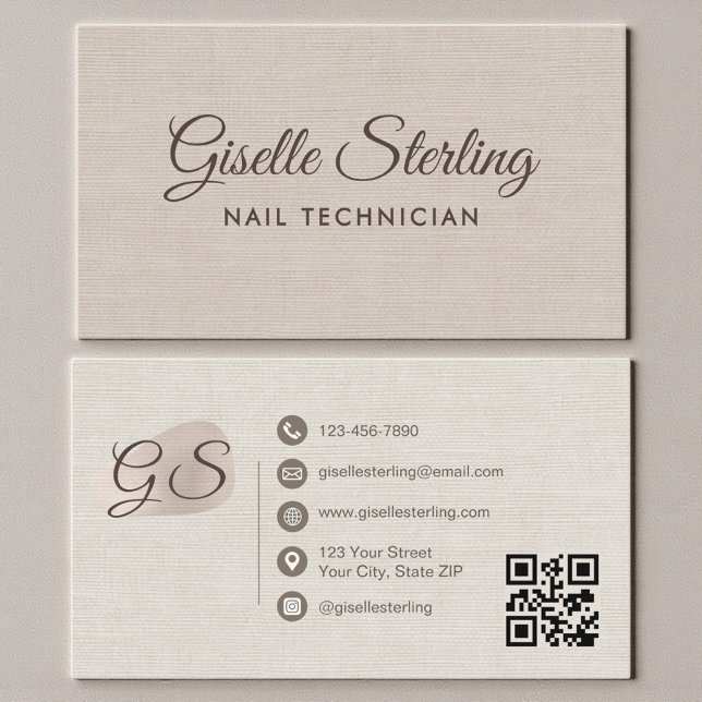 Nail Technician Beige Linen Modern Elegant QR Code Visitkort (Skapare uppladdad)