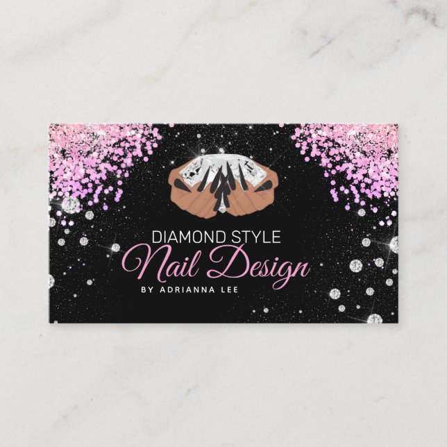 Nail Technician Diamond Glitter Rosa & Black Salon Visitkort (Framsida)