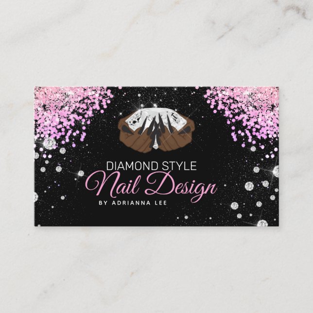 Nail Technician Diamond Glitter Rosa & Black Salon Visitkort (Framsida)
