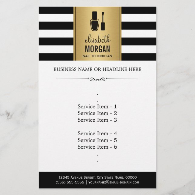 NAIL TECHNICIAN Elegant Guld Black White Rand Flygblad (Framsidan)