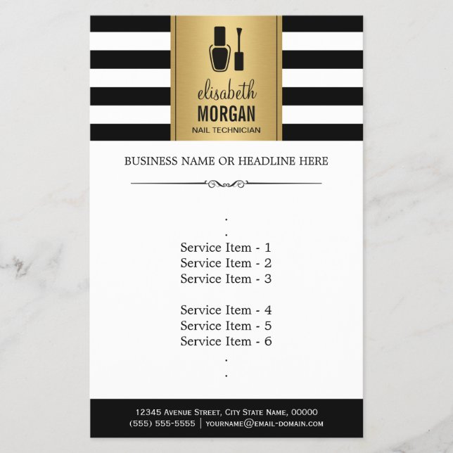 NAIL TECHNICIAN Elegant Guld Black White Rand Flygblad (Framsidan)