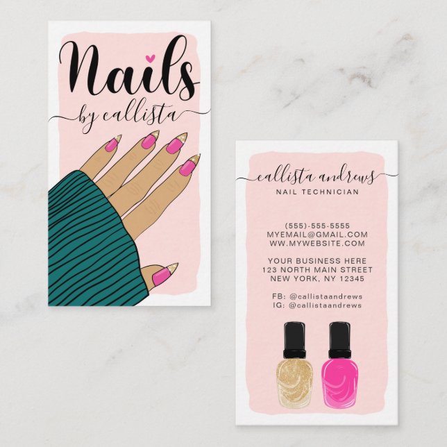 Nail Technician Girly Rosa Guld Hand Illustration Visitkort (Fram/baksida)