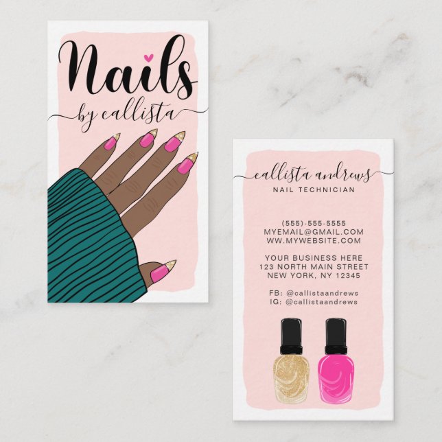 Nail Technician Girly Rosa Guld Hand Illustration Visitkort (Fram/baksida)