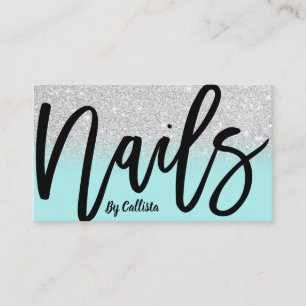 Nail Technician Mint Silver Glitter Typography Visitkort