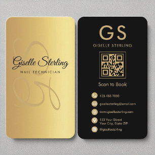 Nail Technician Monogram Guld Black QR-kod Visitkort