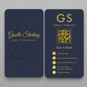 Nail Technician Monogram Navy Blue Guld QR-kod Visitkort