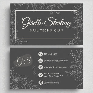 Nail Technician Moody Charcol Grått Blommigt Moder Visitkort