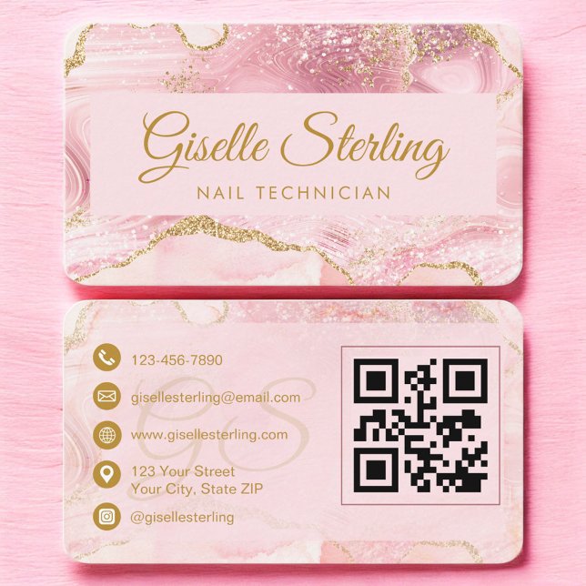 Nail Technician Pink Gold Agate QR Code Visitkort (Skapare uppladdad)