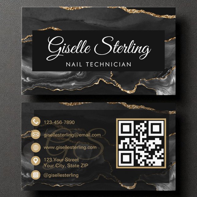 Nail Technician QR Code Black Guld Agate Luxury Visitkort (Skapare uppladdad)