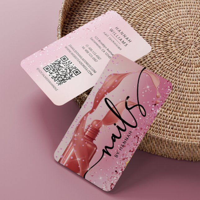 Nail Technician Ro Guld & Rosa QR-kod Visitkort (Skapare uppladdad)