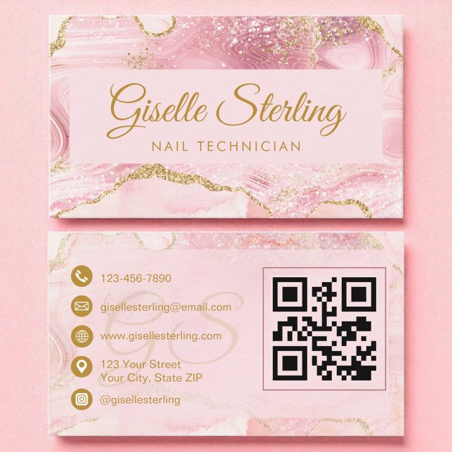 Nail Technician  Rosa Guld Agate QR-kod Visitkort (Skapare uppladdad)