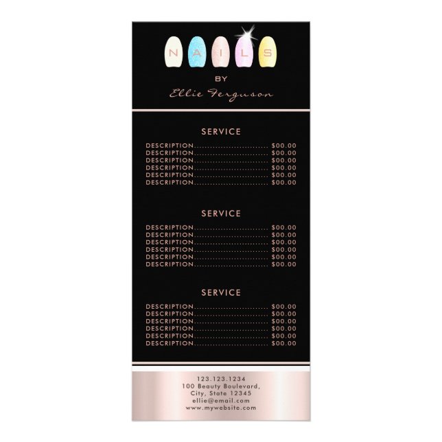 Nail Technician Salon Glitter Glam Ro Guld Black Reklamkort (Framsidan)