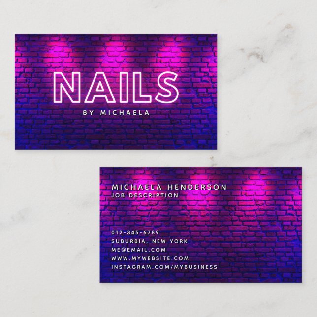 Nail Technician/Salon Modern Rosa Neon & Bricks Visitkort (Fram/baksida)