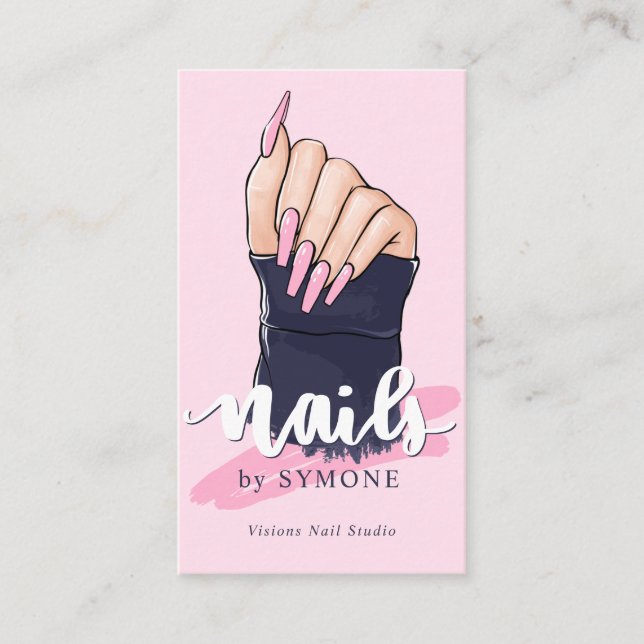 Nail Technician Salon Trendig Logotyp  Rosa Navy Visitkort (Framsida)