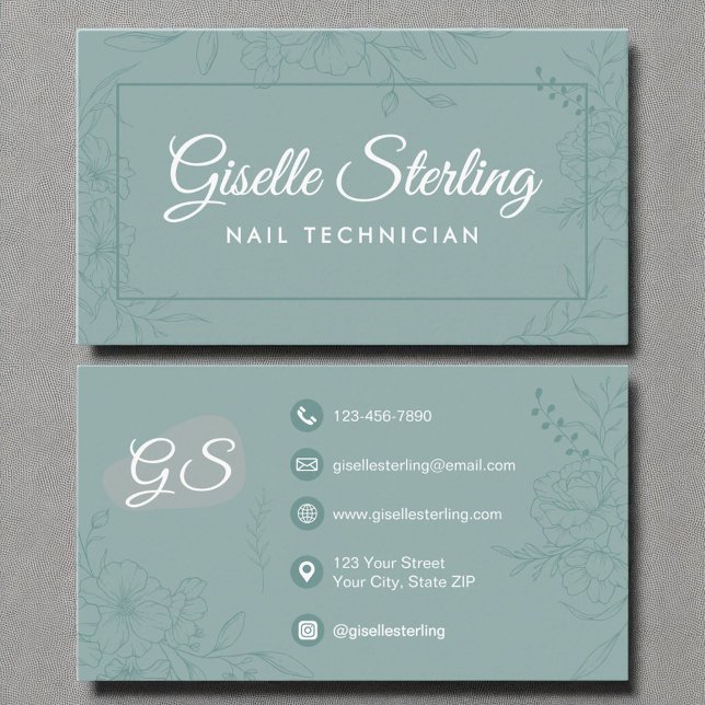 Nail Technician Teal Blommigt Line Art Modern skri Visitkort (Skapare uppladdad)