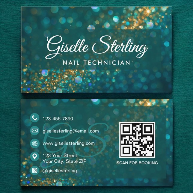 Nail Technician Teal Guld Glitter QR Code Luxury Visitkort (Skapare uppladdad)