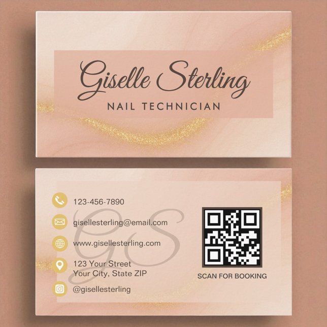 Nail Technician Watercolor Guld Monogram QR-kod Visitkort (Skapare uppladdad)
