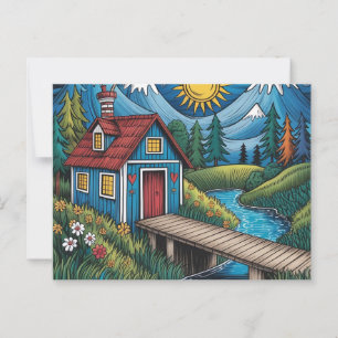 NAIVE Art-posterkort, skogsställe och hytt. Vykort
