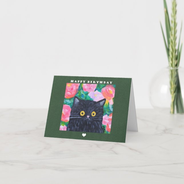 Naïve Folk art Black Cat Painting Söt Birthday Kort (Framsida)