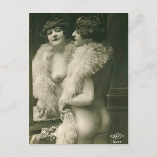Naken Girl i Spegel Fransk Postcard Vykort