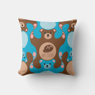 Nallar brun blå monogram Kid Square Pillow Kudde