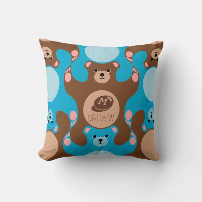 Nallar brun blå monogram Kid Square Pillow Kudde (Framsida)