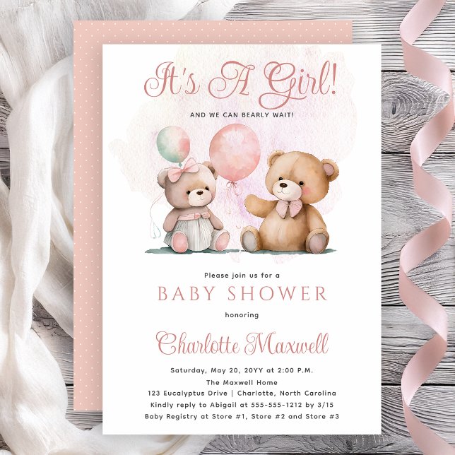 Nallar Det är en liten barnskötare. Inbjudningar (Teddy Bears Balloons It's A Girl Bearly Wait Baby Shower Invitation -- Print | Digital Download)
