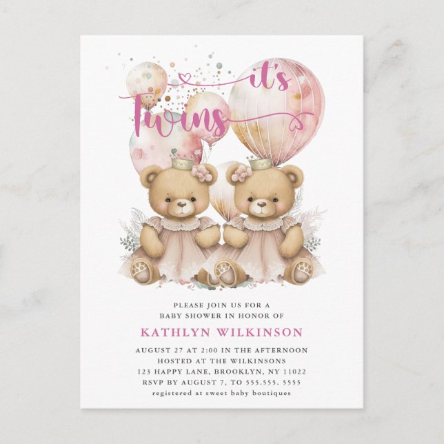 NALLAR för IT-TWILLINGARS Rosa Balloons  Baby Show Inbjudan Vykort (Framsida)
