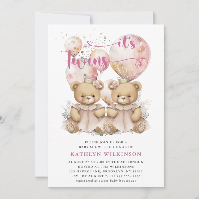 NALLAR för IT-TWILLINGARS Rosa Balloons  Baby Show Inbjudningar (Framsida)
