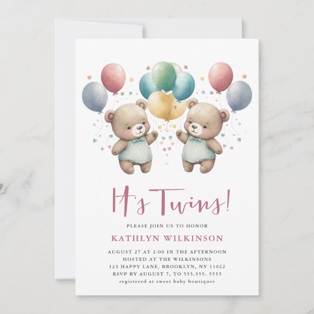 NALLAR för IT-TWILLINGARS Rosa Balloons  Baby Show Inbjudningar (Framsida)