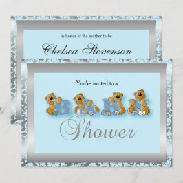 Nallar för silver och blåskugga | Baby Shower Inbjudningar