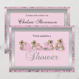 Nallar för silver och Rosa | Baby Shower Inbjudningar