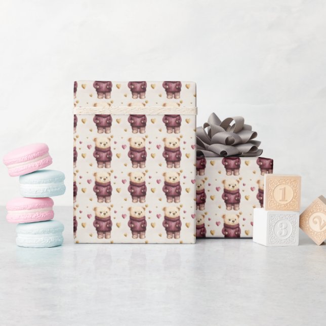 Nallar med Lila & Guld Hearts Presentpapper (Baby Shower)