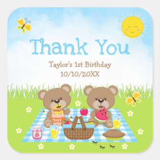 Nallar Picnic Birthday Blue Gingham Tack Fyrkantigt Klistermärke