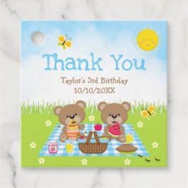Nallar Picnic Birthday Blue Gingham Tack Gåvor Etiketter