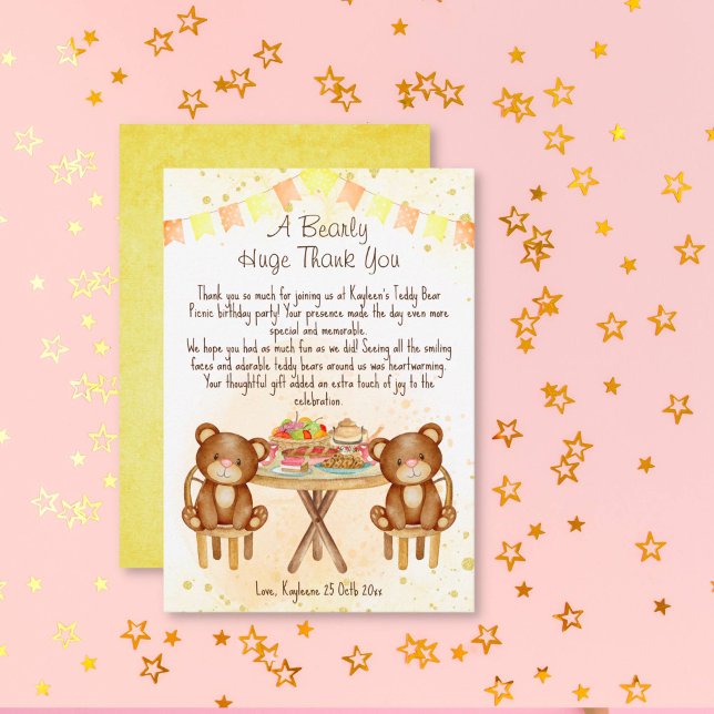 Nallar picnic-födelsedagsfest tack kort (Teddy bear picnic birthday thank you card two cute teddies at the picnic party table)