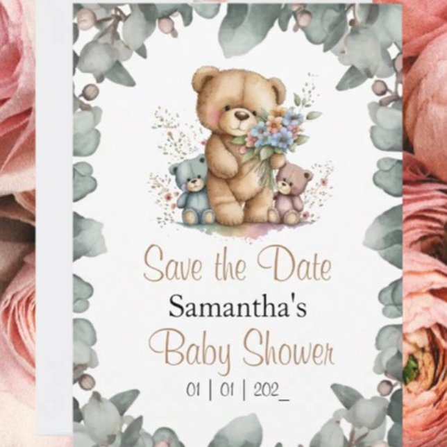 Nallar Twillingar Vattenfärg på vykort för datum (Celebrate the arrival of your little cub with our adorable teddy bear baby shower invitations! )