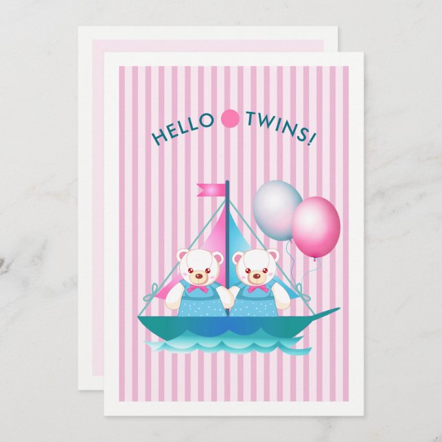 Nallar Twin Girls Baby Shower Inbjudningar (Fram/baksida)