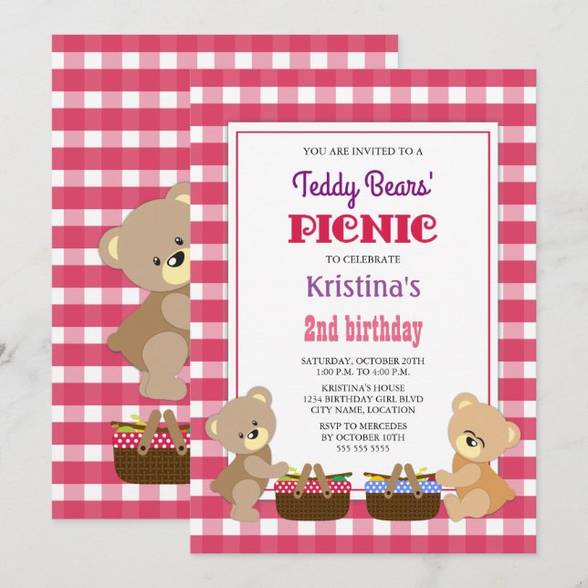 Nallars Picnic-Födelsedagsfest Inbjudningar (Fram/baksida)