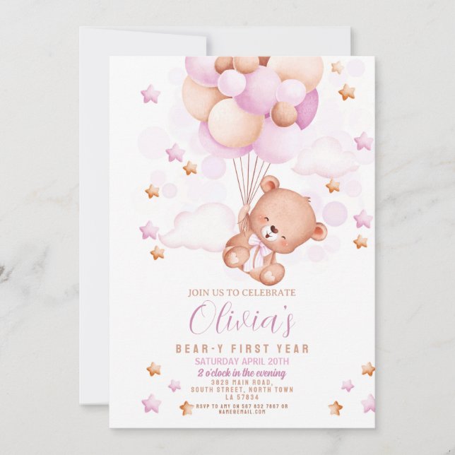 Nalle 1:a födelsedag Bear-y First Girls Rosa Inbjudningar (Framsida)