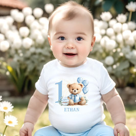 Nalle 1:a födelsedag Blå Beige Baby T-shirt