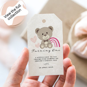 Nalle 1:a födelsedag Rosa Gift-Märkre Presentetikett