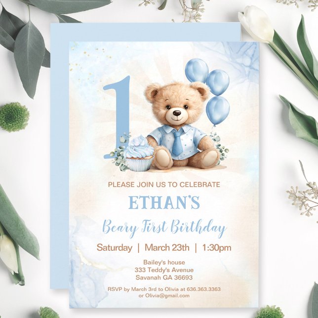 Nalle 1:a födelsedagarinbjudan med blå bubblor inbjudningar (Teddy Bear 1st Birthday Blue Balloons Invitation)
