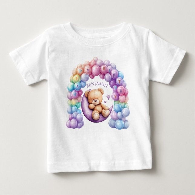 Nalle 1: a födelsedagets färgstarka bubblor t shirt (Framsida)