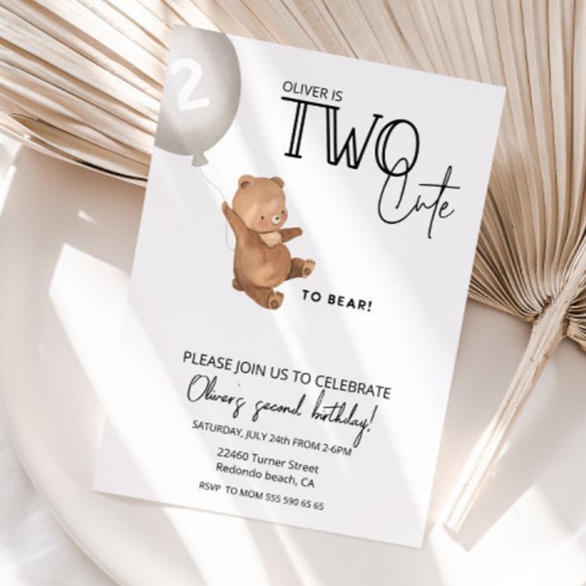 Nalle 2:a födelsedag TWO söt att bära Inbjudningar (Teddy Bear Inviation, TWO CUTE TO BEAR birthday invitation)